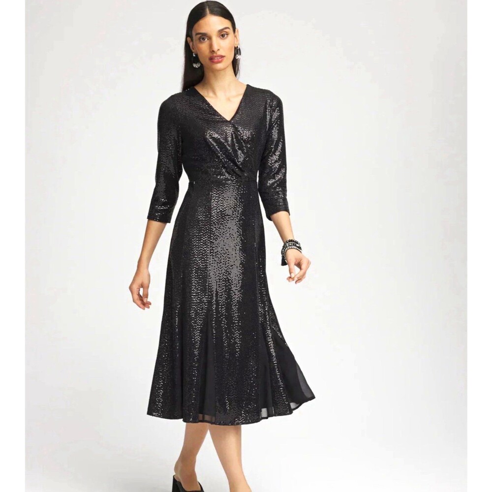 Chico's Women's Black Sequin Surplice Midi Dress Size Large Chico’s size 2